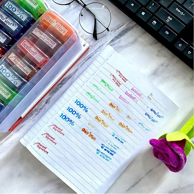 Teacher Stamps for Grading Classroom,Parent Signature Teacher Self-Inking Stamp Set for Homework Teacher Supplies with 8 pcs