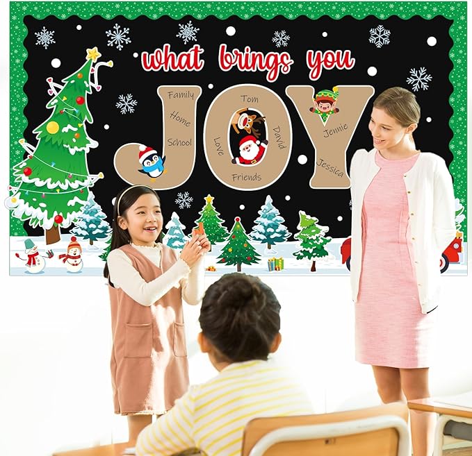 Christmas Winter Bulletin Board Set What Brings You Joy Bulletin Board Classroom Decorations Xmas Tree Snowflake Reindeer Paper Cutouts for Xmas Holiday Classroom School Blackboard Wall Door Decor