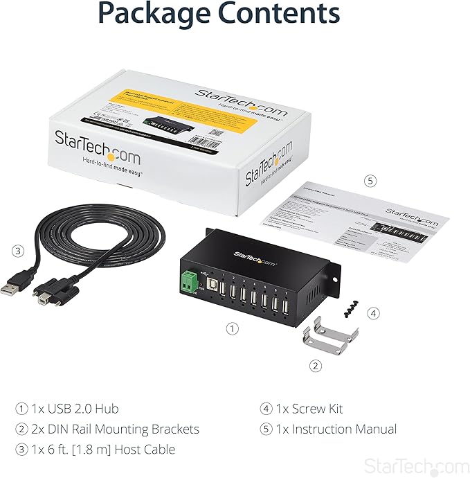 StarTech.com 7-Port USB 2.0 Hub - Metal Industrial USB-A Hub with ESD Protection & 350W Surge Protection - Din Rail, Wall or Desk Mountable - TAA Compliant USB Expander Hub (ST7200USBM)