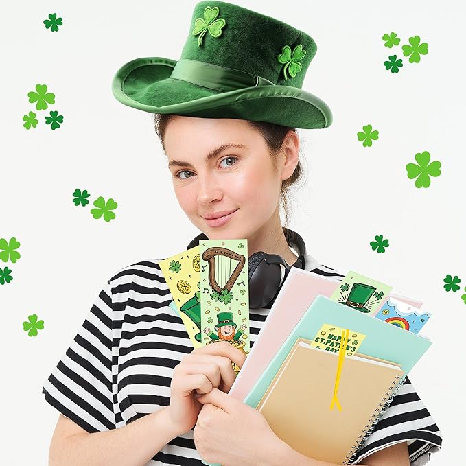 100Pcs St. Patrick’s Day Color Your Own Bookmarks Shamrock Lucky Clover DIY Coloring Blank Bookmarks with Ribbon Irish Holiday Art Crafts Supplies Classroom Reward Gifts Party Favors for Kids Students