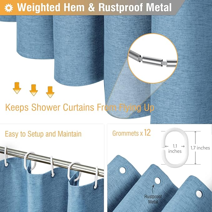 BTTN Blue Extra Long Shower Curtain, 72x96 Inch Long Linen Textured Heavy Duty Fabric Shower Curtain Set with 12 Hooks, Tall Simple Neutral Waterproof Cloth Shower Curtain for Bathroom, Moonlight Blue