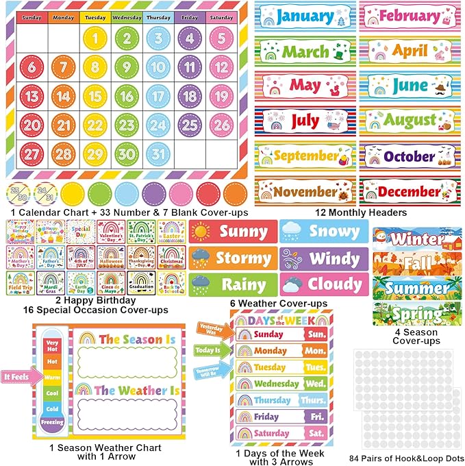Colorful Classroom Calendar Bulletin Board Set Rainbow Stripes School Calendar Bulletin Board Set for Rainbow Classroom Decoration with Hook and Loop Dots Stickers