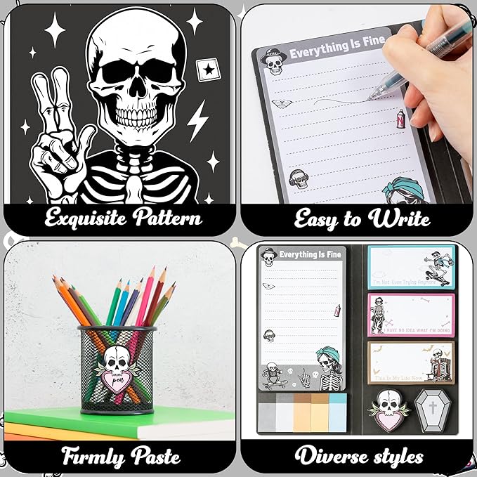 B1ykin Cute Sticky Notes Set - Stay Alive Skeleton Shaped Self-Stick Notes Pad, 550 Sheets Writing Memo Pages Sticky Notepad for Teacher Appreciation Gifts, School Office Supplies (Funny Skeleton)