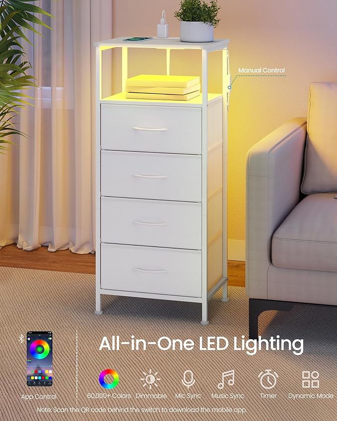 SONGMICS BELLAH Collection - Nightstand with Charging Station and App-Controlled Adjustable LED Lights, Bed Side Table, 4 Drawer and 1 Open Shelf, Bedroom, Cloud White and Snow White ULGS304WH01S