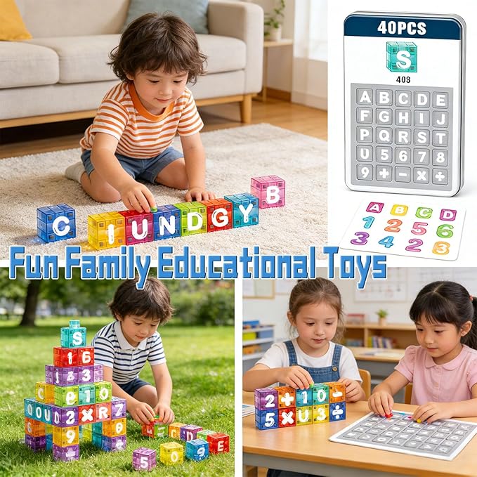 40PCS Magnetic Blocks Letter & Number Kit-STEM Educational Montessori Toys for Spelling, Counting & Math-Travel Toys for Kids Ages 3-8, Preschool Learning Activities & Fine Motor Skills Development