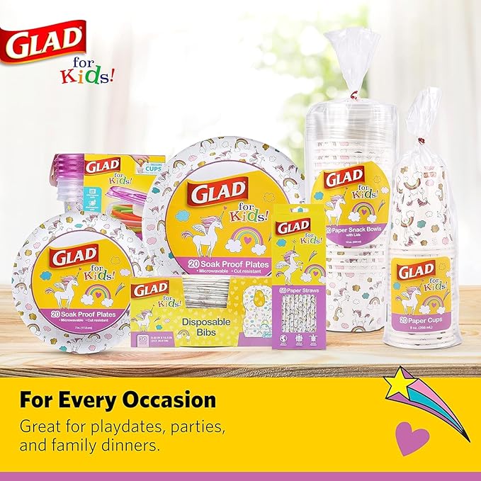 Glad for Kids Unicorn Disposable Paper Bibs with Crumb Catcher, Absorbent Leakproof Bibs for Toddlers and Babies, Mess Free Feeding, Crafts, Parties, and Travel Use, 30 Count - 24 Pack