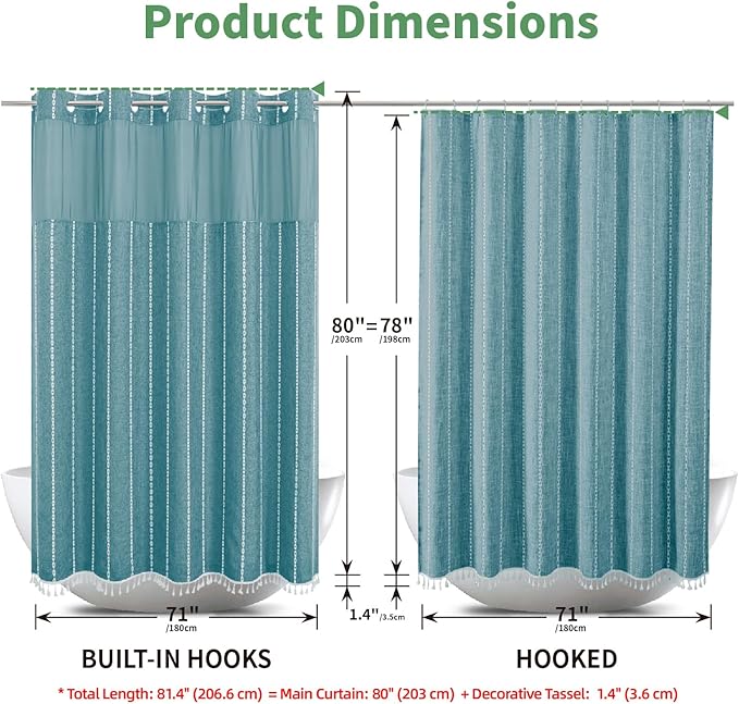 No Hook Long Shower Curtain Set with Snap-in Fabric Liner,Linen Textured Thick Striped Fabric with Tassels,Boho Farmhouse Rustic Luxury Bathroom Curtain,Water-Repellent,Teal,71x80