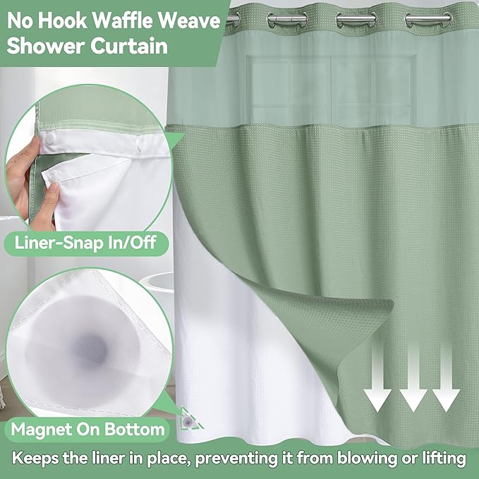Conbo Mio Extra Long No Hook Sage Green Waffle Weave Shower Curtain with Snap in Liner Set, Hotel Luxury Shower Curtains for Bathroom with See Through Top Window, Waterproof, Washable 71W x 84H
