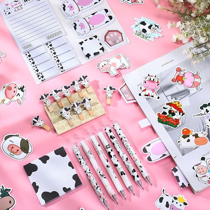 Crtin 69 Pcs Cute Sticky Notes Set,Cartoon Pen, Stickers, Paperclip, Sticky Memos Office & Party Favors(Cow)