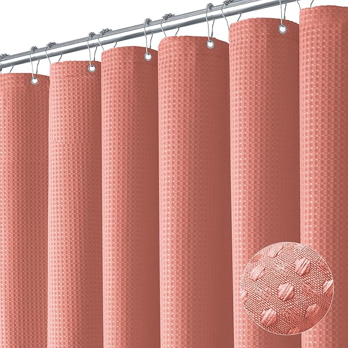Dynamene Long Fabric Shower Curtain - 78 inch Long Waffle Weave Weighted Cloth Shower Curtains for Bathroom, Neutral Heavy Duty Hotel Spa Luxury Bath Curtain Set with 12 Hooks, 72x78, Coral
