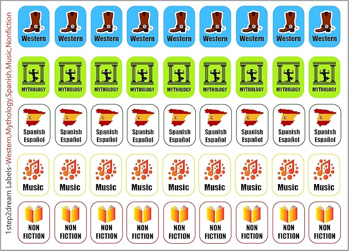 Genre Book Spine Labels for Library | Classroom Library Classification Stickers 450pcs | Nonfiction,Western,Mythology,Spanish,Music