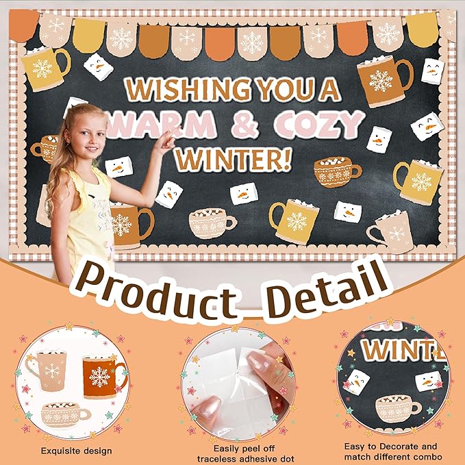 Winter Bulletin Board Christmas Hot Cocoa Bulletin Board Set Classroom Decoration Wish You A Warm Cozy Christmas Cutouts for Winter Xmas Holiday School Office Home Chalkboard Wall Door Decor