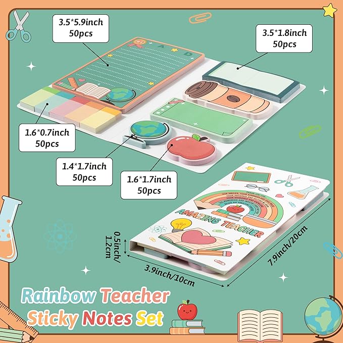 B1ykin Cute Sticky Notes Set - Amazing Teacher Self-Stick Notes Pad, 550 Sheets Writing Memo Pages Sticky Notepad for Teacher Appreciation Gifts, School Office Supplies (Rainbow Teacher)