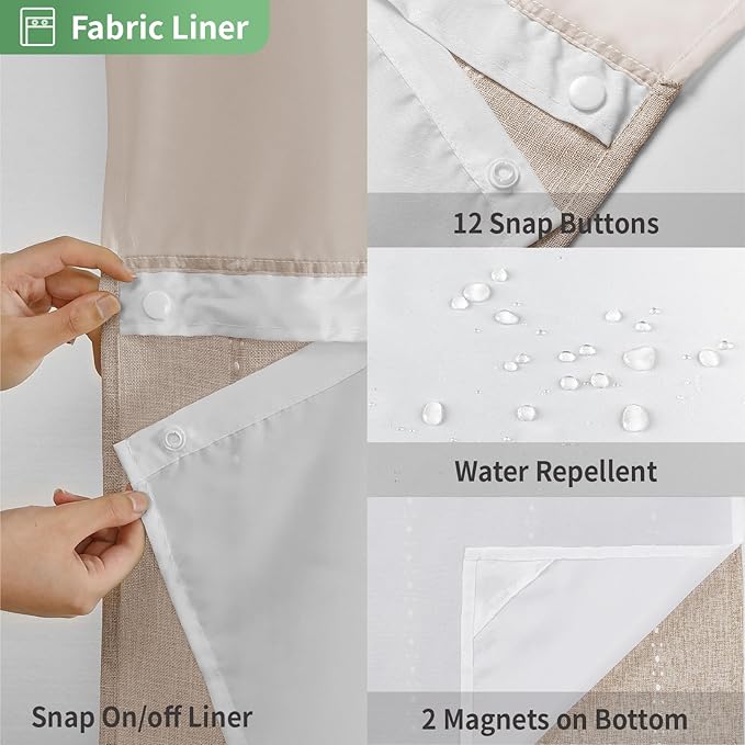 Boho Farmhouse No Hook Shower Curtain Set with Snap-in Fabric Liner,Heavy-Duty Linen Textured Rustic Striped Design,Water-Repellent with Tassels and Sheer Window,Tan/Taupe,71x74
