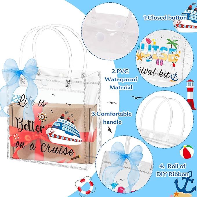 H1vojoxo Summer PVC Gift Bags - 24PCS Cruise Clear PVC Gift Bags with Handle and Blue Ribbon 4 Styles Waterproof and Reusable Cruise Beach Theme Transparent Tote Bag Nautical Party Favor Bag