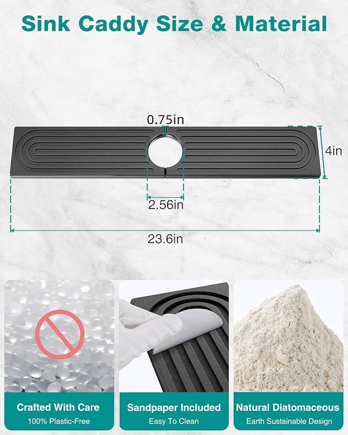 Stone Faucet Mat for Kitchen Sink, Diatomite Sink Protectors - Prevent Moisture Drying Stone Tray Fit Kitchen Counter & Bathroom Counter (Dark Gray, 23.6" x 4")