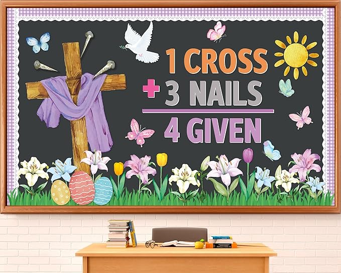 Easter Jesus Bulletin Board Set Easter Cross Spring Classroom Decorations 1 Cross 3 Nails 4 Given Religious Paper Cutouts for Church Sunday School Chalkboard Office Wall Door Decor