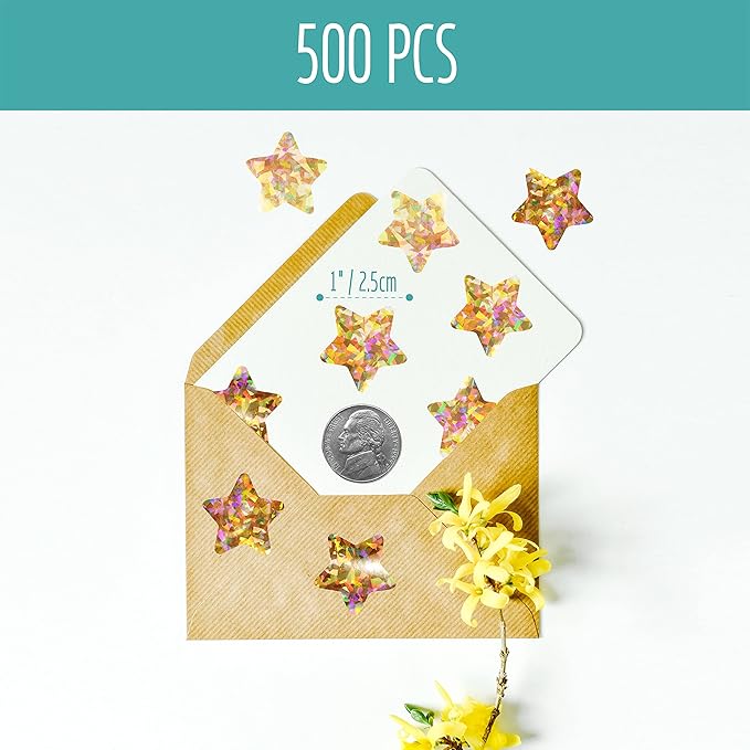 500 PCS Holographic Gold Star Stickers, Self Adhesive Metallic Glitter Foil Stickers Reflective Star Stickers Reward Behavior Chart Labels for Kids Students Teachers Supplies
