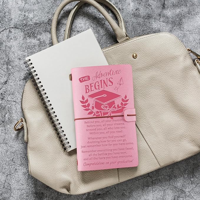 PRSTENLY Graduation Gifts Leather Journal, Graduation Gifts for Her Him 140 Page Refillable Journal, High School University College Graduation Gift Ideas for Women Men (Pink)