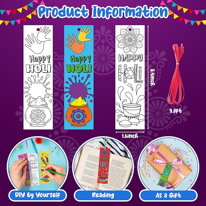75Pcs Holi Color Your Own Bookmarks Happy Holi DIY Coloring Blank Bookmark Classroom Art Craft Supplies for Teachers Students Indian Festival Holiday Party Gift Supplies Reward Goodie Fillers