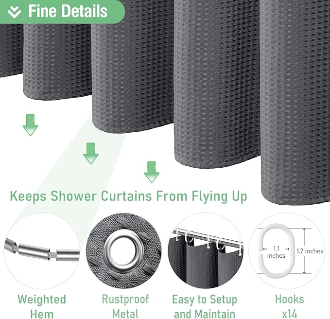 Dynamene Extra Wide Shower Curtain - 84 Inch Wide Waffle Weave Weighted Thick Cloth Bathroom Shower Curtain, Neutral Heavy Duty Hotel Bath Curtain Set with 14 Plastic Hooks, 84x72, Charcoal Grey