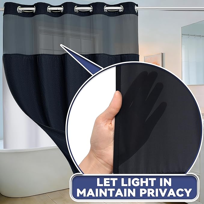 Conbo Mio No Hook Waffle Weave Shower Curtain with Snap in Liner Set, Hotel Luxury Black Shower Curtains for Bathroom with See Through Top Window, Waterproof, Washable 71W x 74H