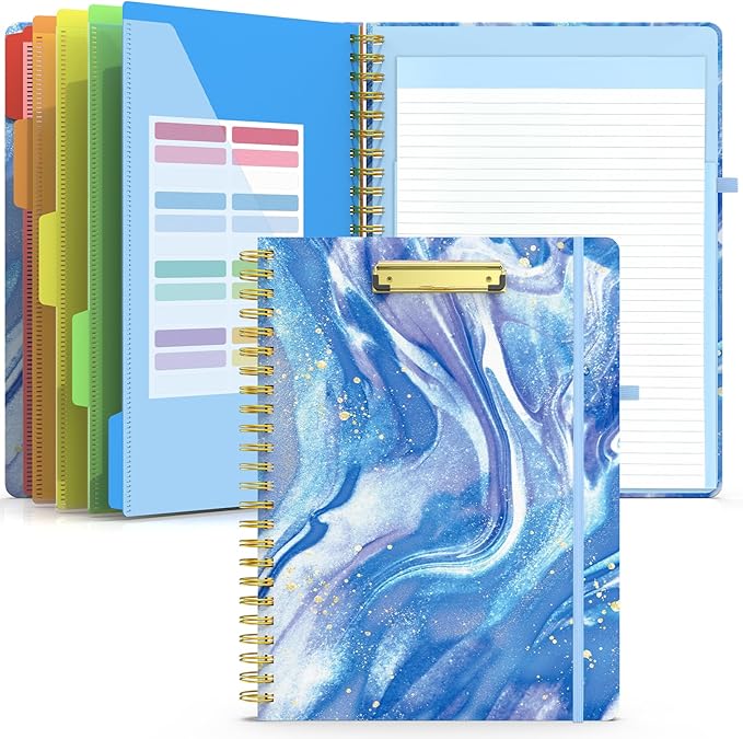 Sooez Clipboard Folio with Refillable Notepad, Folder with 10 Storage Pockets for Letter Size, Spiral Clipboard Notebook, Cute Portfolio for School, Office & Nursing