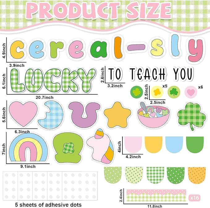St. Patrick's Day Cereal-Sly Bulletin Board Lucky Shamrock Bulletin Board Decorations Rainbow Gold Coin Paper Cutouts for St. Patrick Party Supplies Home Classroom Chalkboard Wall Door Window Decor