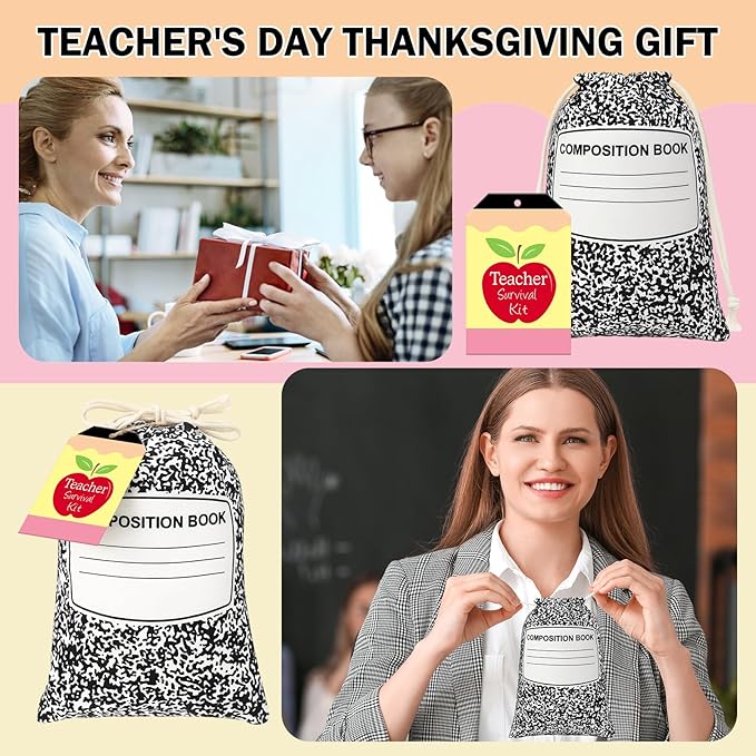 Sweetude 24 Set Teacher Appreciation Gifts Drawstring Bags Composition Notebook Bags with Tags Teacher Supplies Survival Kit Thank You Canvas Gift Wrap for Holiday Graduation Birthday Party