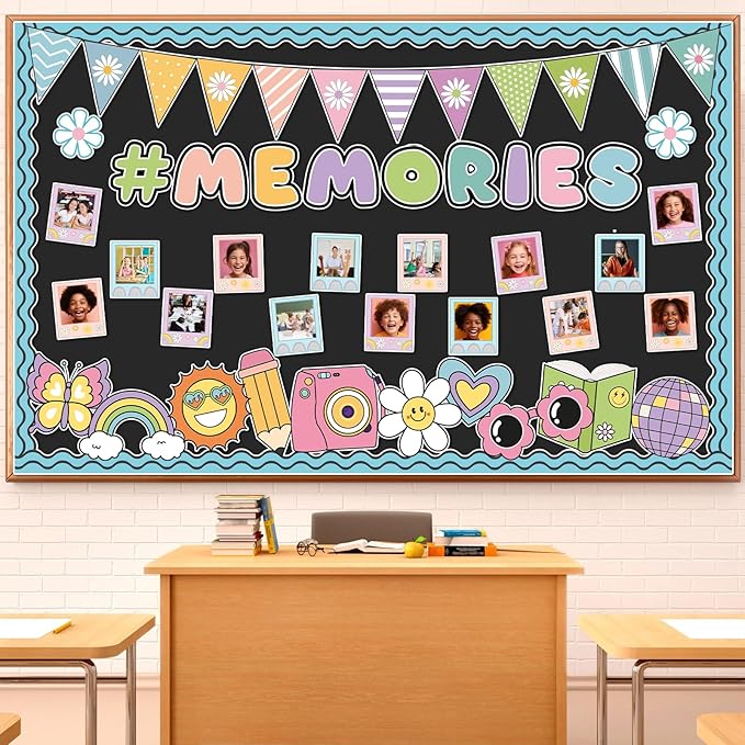 Groovy End of Year Bulletin Board for Classroom Decoration 2026 Graduation Memories Boho Retro Hippie Bulletin Board Set Rainbow Cutouts Daisy Diy Photo Picture Frame for Chalkboard Wall Teacher
