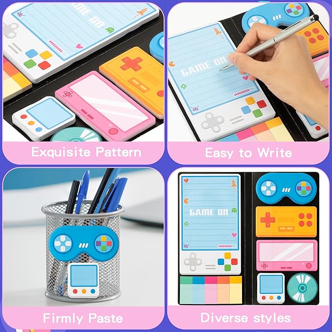 B1ykin Cute Sticky Notes Set - Gaming in Progress Self-Stick Notes Pad, 550 Sheets Writing Memo Pages Sticky Notepad for Teacher Appreciation Gift, School Office Party Supplies (Black Video Game)