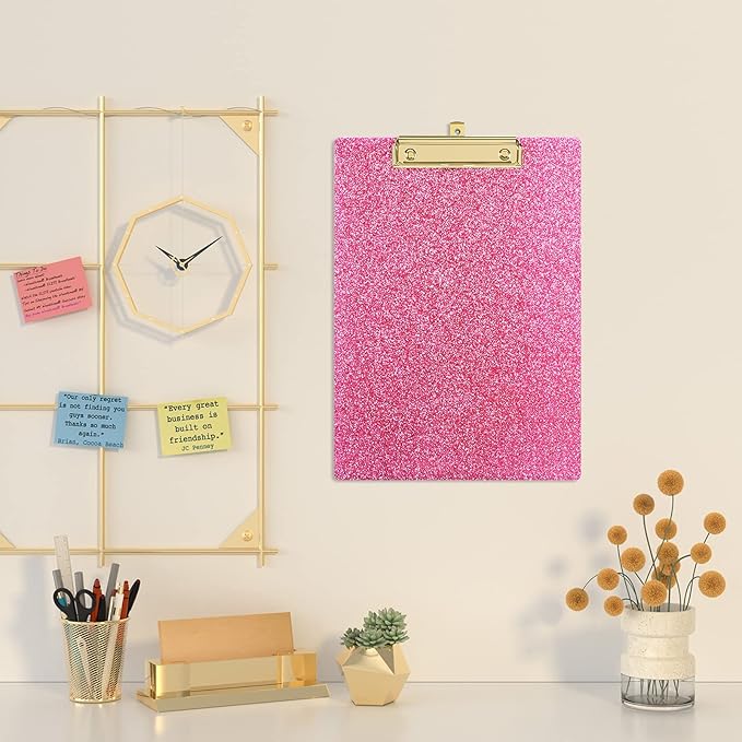 Piasoenc Acrylic Clipboards, Fashion Glitter Clip Board with Low Profile Gold Clip, Designed for Classroom School and Office Use, A4 Letter Size 9 x 12.5 in,Warm Pink