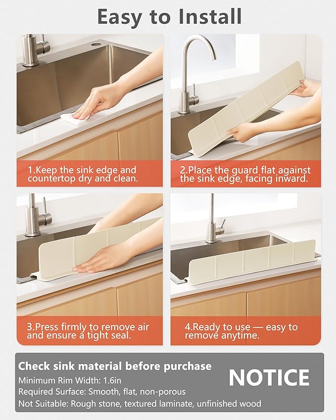 Kitchen Sink Splash Guard 23" Self-Draining Silicone Water Guard with High Splash Wall & Strong Suction Cups for Faucet, Countertop & Sink Edge, Keeps Sinks Dry, Dishwasher Safe,Cream