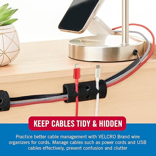 VELCRO Brand Cord Organizer for Desk Cable Management, Nightstand Organization, Unique Dual Function Cable Sleeve Cord Keepers Combo, Holds Wires for Easy Access, Route to Hide, Small 2pk Black
