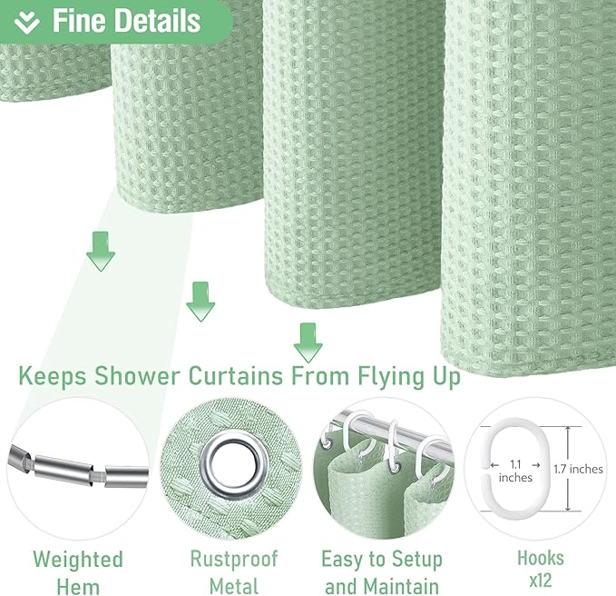 Dynamene Extra Long Shower Curtain - 96 Inch Long Waffle Weave Weighted Thick Cloth Bathroom Shower Curtain, Neutral Heavy Duty Hotel Bath Curtain Set with 12 Plastic Hooks,72x96, Mint Green