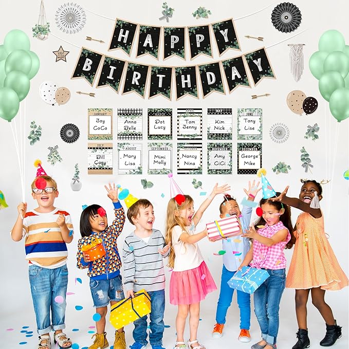 48 Pcs Classroom Happy Birthday Bulletin Board Sets Decorations, Eucalyptus Greenery Plant Birthday Classroom Decor, Nature Birthday Chart Poster Wall Classroom Themes Decoration Cutouts Sets Bundle