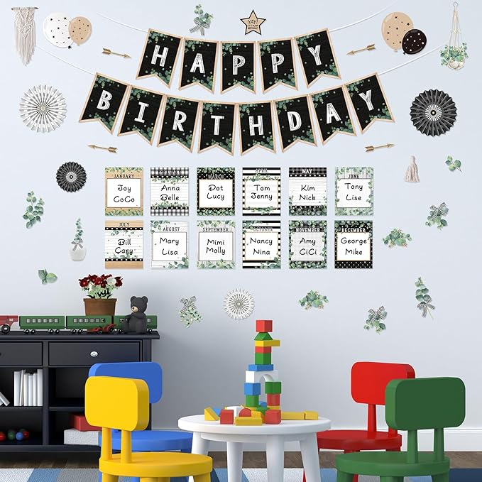 48 Pcs Classroom Happy Birthday Bulletin Board Sets Decorations, Eucalyptus Greenery Plant Birthday Classroom Decor, Nature Birthday Chart Poster Wall Classroom Themes Decoration Cutouts Sets Bundle