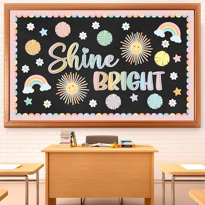 Boho Shine Bright Bulletin Board Set Summer Pastel Sun Classroom Decorations Colorful Rainbow Flowers Paper Cutouts for Teacher Supplies Back to School Nursery Chalkboard Home Office Wall Door Decor