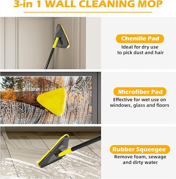 Newly Upgraded Wall Cleaner Mop with Long Handle 82 Inches, 3-in-1 Ceiling Cleaning Tool Duster with 6 Replacement Microfiber Chenille Pads for Painted Walls, Window, Floor, Baseboard