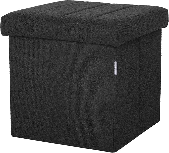Seville Classics Cushioned Fabric Ottoman Hidden Storage Chest Footrest Chair, Padded Seat for Bedroom, Dorm, Loft, Living Room, Entryway, Hallway, Black Boucle, 15.7" Cube