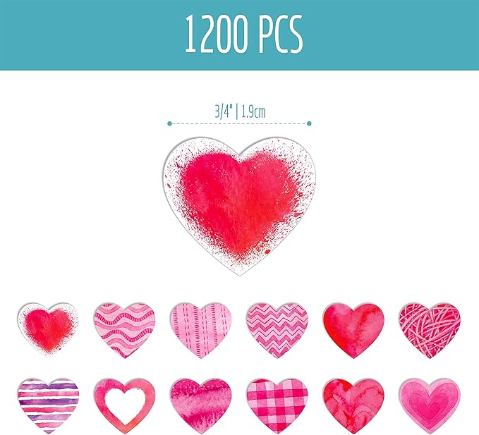 1200 PCS Heart-Shaped Sticker, 12 Designs Self-Adhesive Labels with Perforation Line in Roll, Use for Valentine's Day, Award Charts, Blood Drives, Teachers & Classrooms, Bookmarks (3/4" Each)