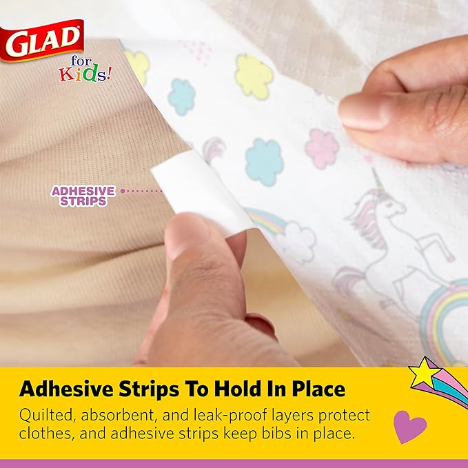 Glad for Kids Unicorn Disposable Paper Bibs with Crumb Catcher, Absorbent Leakproof Bibs for Toddlers and Babies, Mess Free Feeding, Crafts, Parties, and Travel Use, 30 Count