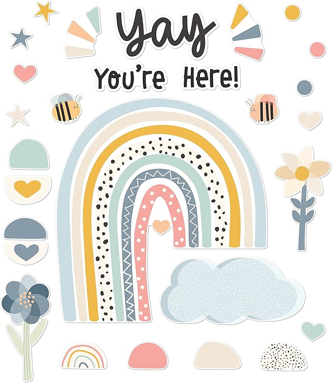 Carson Dellosa We Belong 76PC Bulletin Board Boho Set, Header with Rainbow, Flower, and Heart Accents for Back to School Decorations, Chalkboard, Teacher Supplies and Classroom Decor