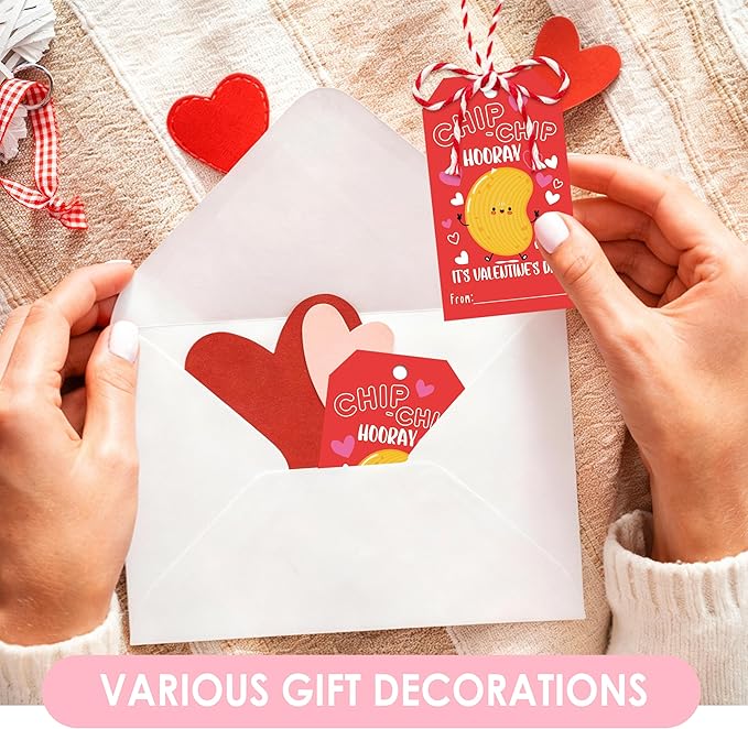 50Pcs Chip Chip Hooray Valentines Tags, Valentine Thank You Gift Label with String, Hanging Paper Gift Label for Wrapping Treat Bag, Idea Valentines Activity School Classroom Party Favors