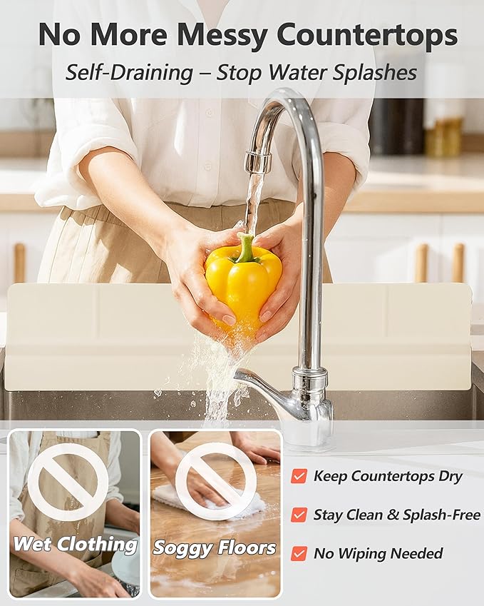 Kitchen Sink Splash Guard 23" Self-Draining Silicone Water Guard with High Splash Wall & Strong Suction Cups for Faucet, Countertop & Sink Edge, Keeps Sinks Dry, Dishwasher Safe,Cream