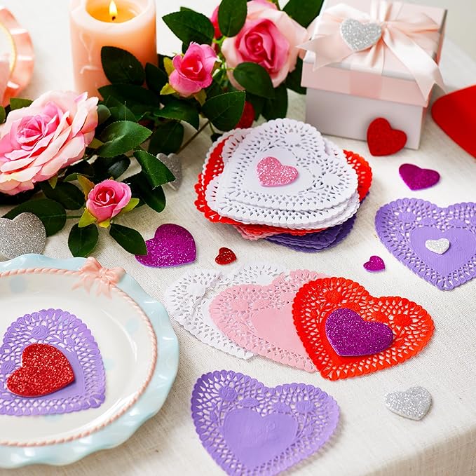 JOYIN 86 Pcs Valentines Day Heart Doilies Craft Gift Set with 50 Pcs Paper Doilies, 12 Foam Craft and 1 Bags of Glitter Foam Heart Stickers for Valentine's Day Party Tableware Decoration