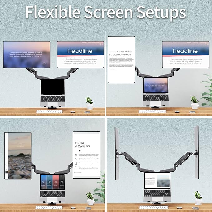 MOUNTUP Dual Monitor and Laptop Mount, Adjustable Monitor Stand for 2 Max 27" Computer Screens, Laptop Tray Fits 10-17inch Notebook, Holds 4.4-17.6lbs Per Arm, 3-in-1 Adjustable Monitor Desk Mount