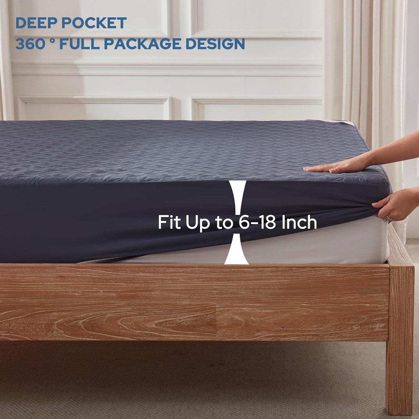 BEDLORE Waterproof Mattress Protector, Queen Size Noiseless Mattress Pad with Deep Pocket 6"-18" Depth, Soft Breathable Bed Mattress Cover Washable for Home, Bedroom, Hotel (Navy Blue)