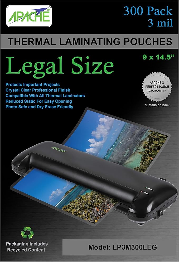 Apache 300 Pack Laminating Pouches 3 mil, for Legal Size 8.5 x 14 Inch Documents (9 x 14.5 Inch Sheets), Office and School Supplies, Thermal Laminating Sheets, Super Clear, Round Corner