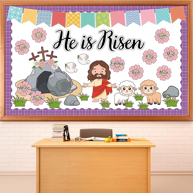 Easter He is Risen Bulletin Board Set Christian Classroom Decorations Easter Religious Jesus Cross Cutouts Flower Name Tags Purple Plaid Bulletin Board Borders for Church Sunday School Wall Door Decor